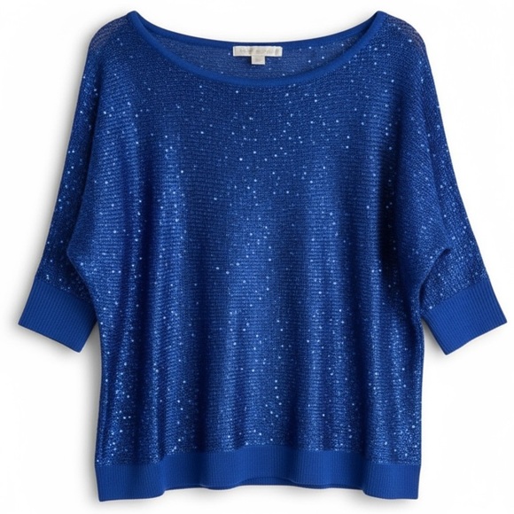 New Boston Proper Royal Blue Sequin Dolman Sleeve Knit Top Blouse Sweater Size L - Picture 1 of 8